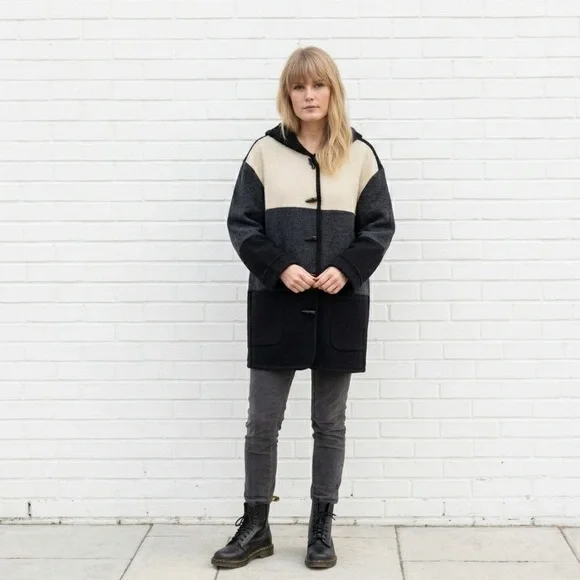 Vintage Wool Hooded Midi Jacket Coat Black Gray Cream Size Medium Winter 1990s - Picture 2 of 11